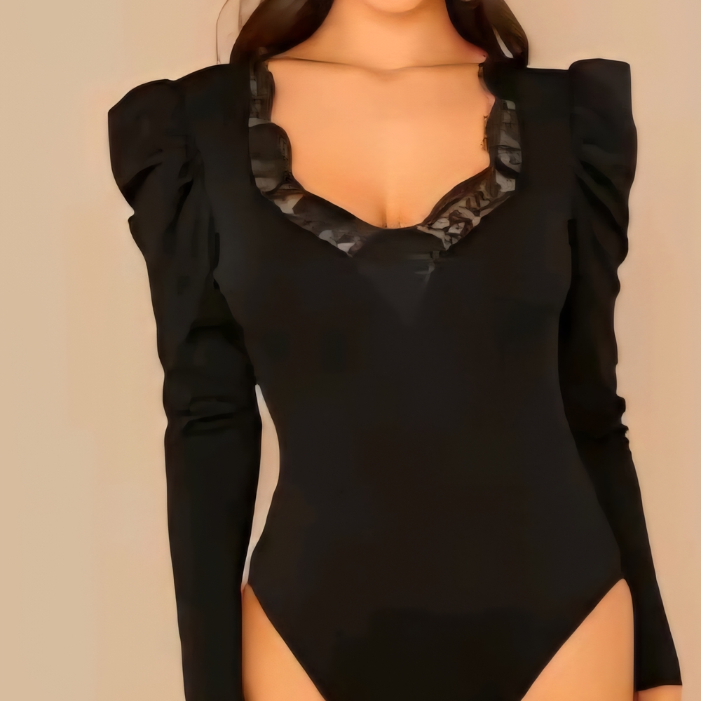 Elegant Black Lace Trim Bodysuit